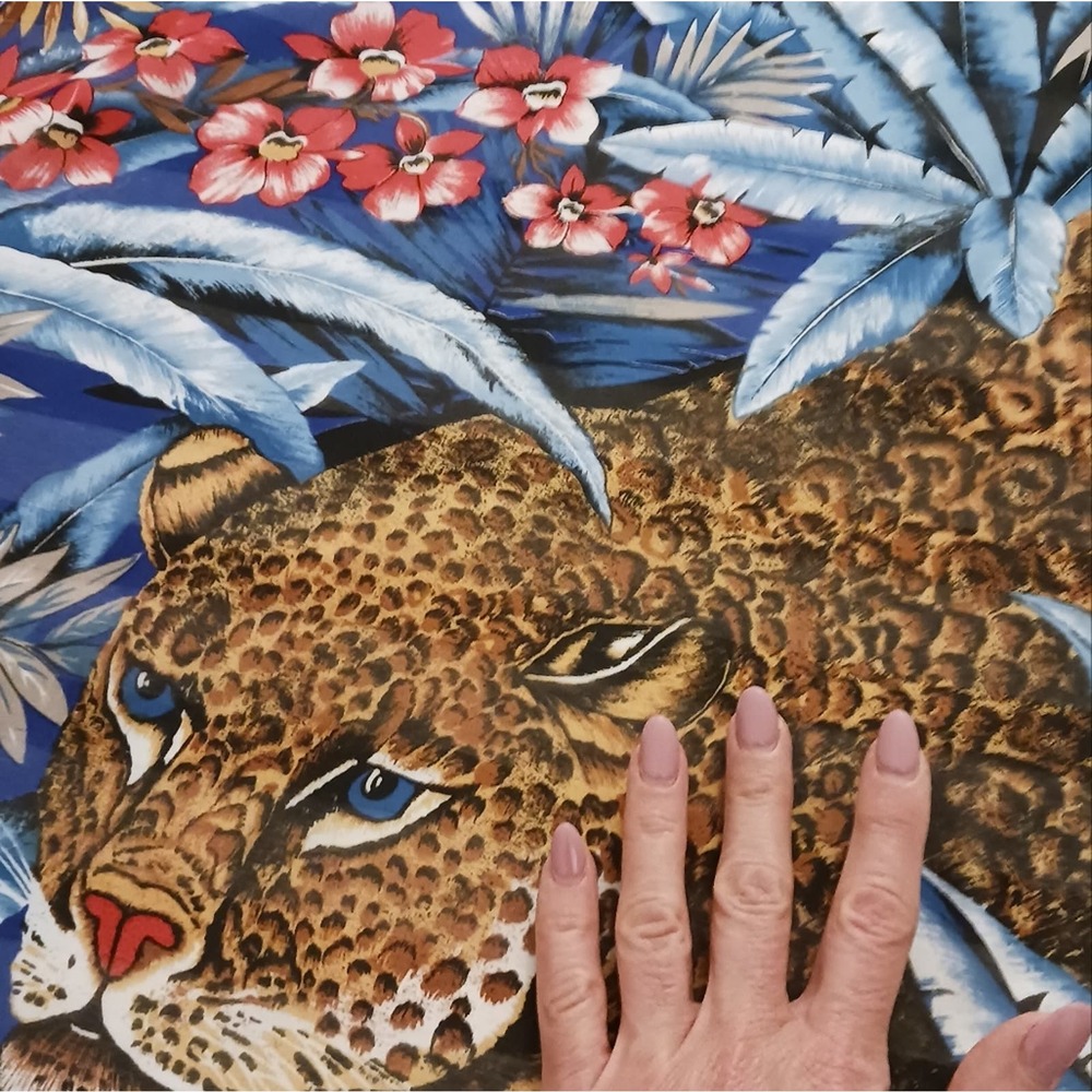 Leopard Scarf 29x29 Cotton Cheetah Jungle Tropical Blue Exotic Designer Vintage - Picture 7 of 10